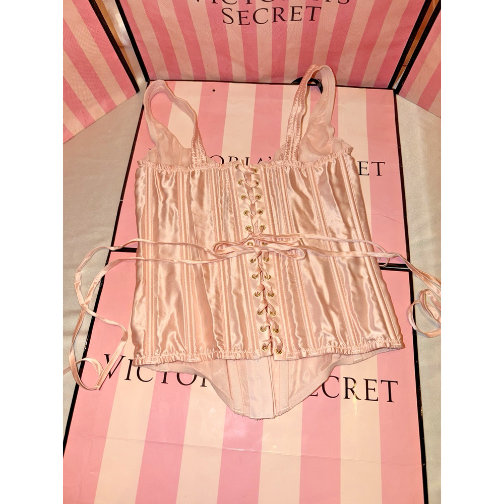 Victorias Secret Silk Corset Lace Up & Thong Pale Pink Beautiful Medium - Picture 2 of 6